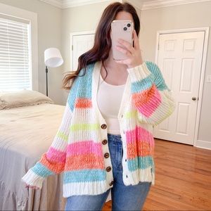 Fantastic Fawn Chunky Striped Cardigan in White, Pink, Blue, Orange, Neon Yellow